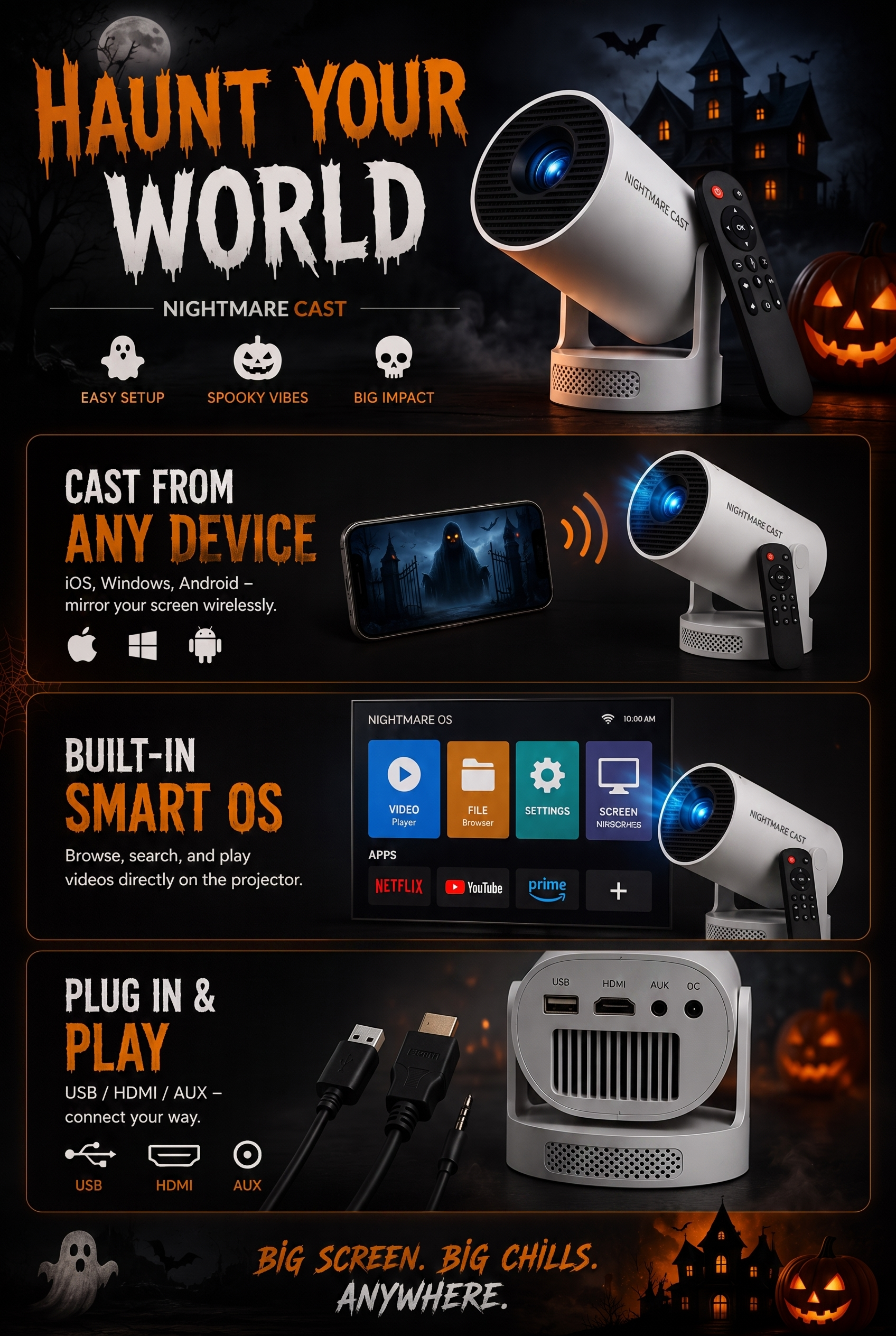 NIGHTMARE CAST Halloween projector features - cast from any device, built-in smart OS, USB HDMI AUX